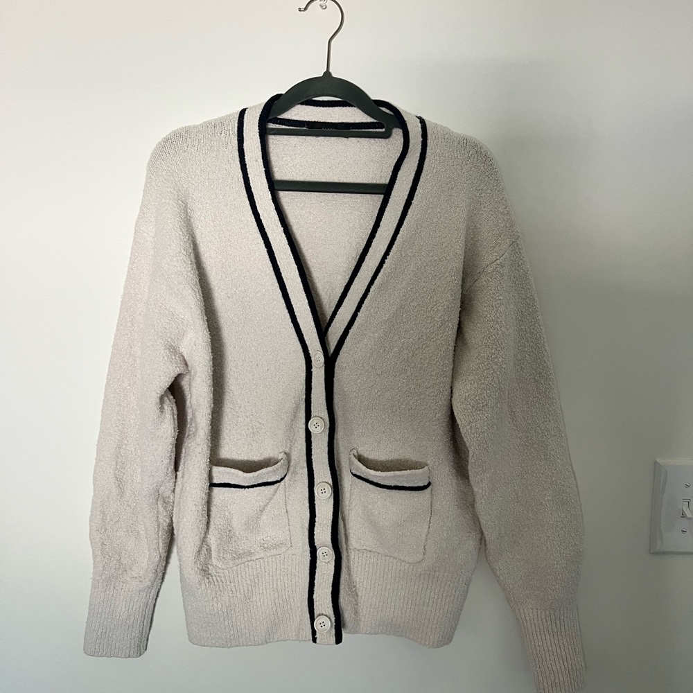 J Crew one size Cream Cardigan with Black Trim